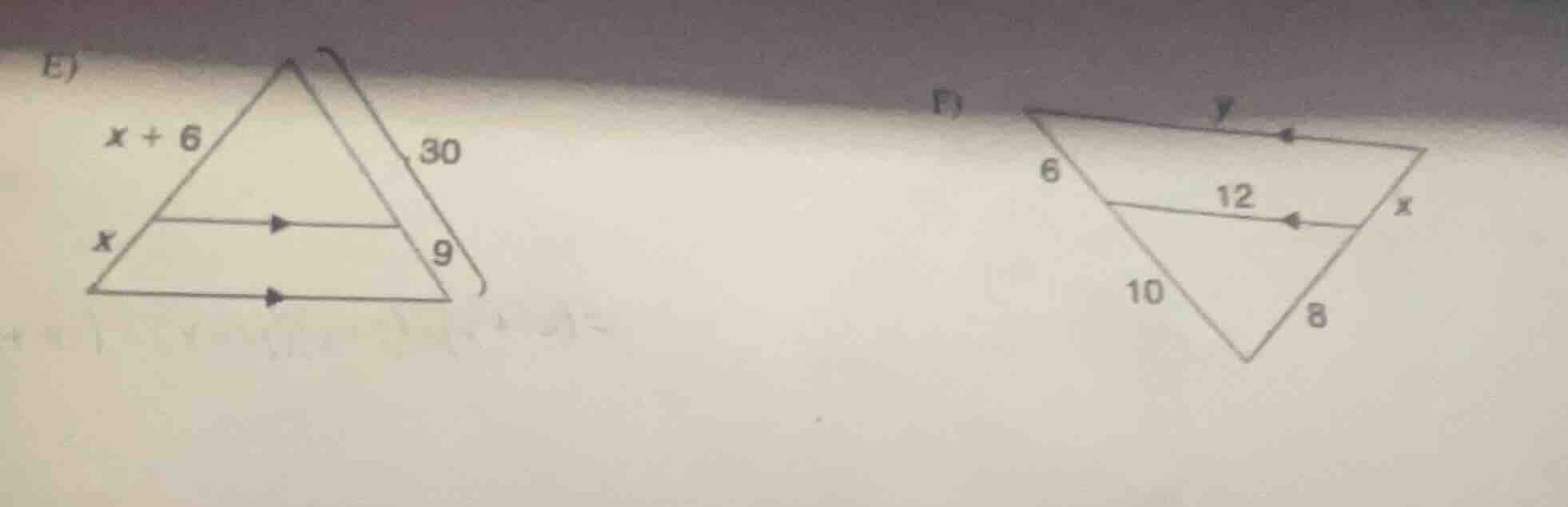 e) side lengths: $x + 6$, $x$, 30, 9 f) side lengths: $y$, $x$, 6, 12, …