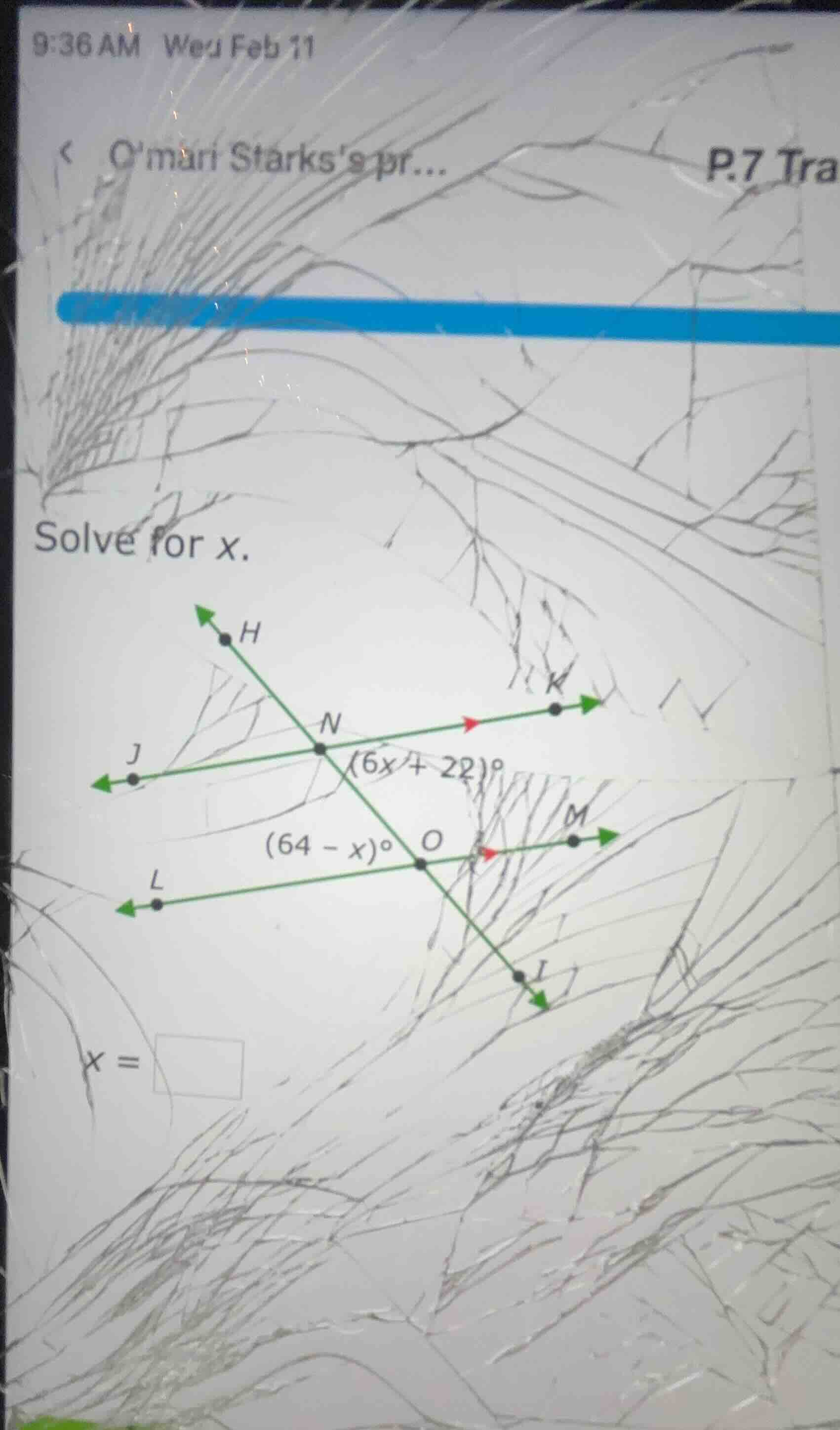 solve for x. $(6x + 22)^circ$ $(64 - x)^circ$ $x = \\square$