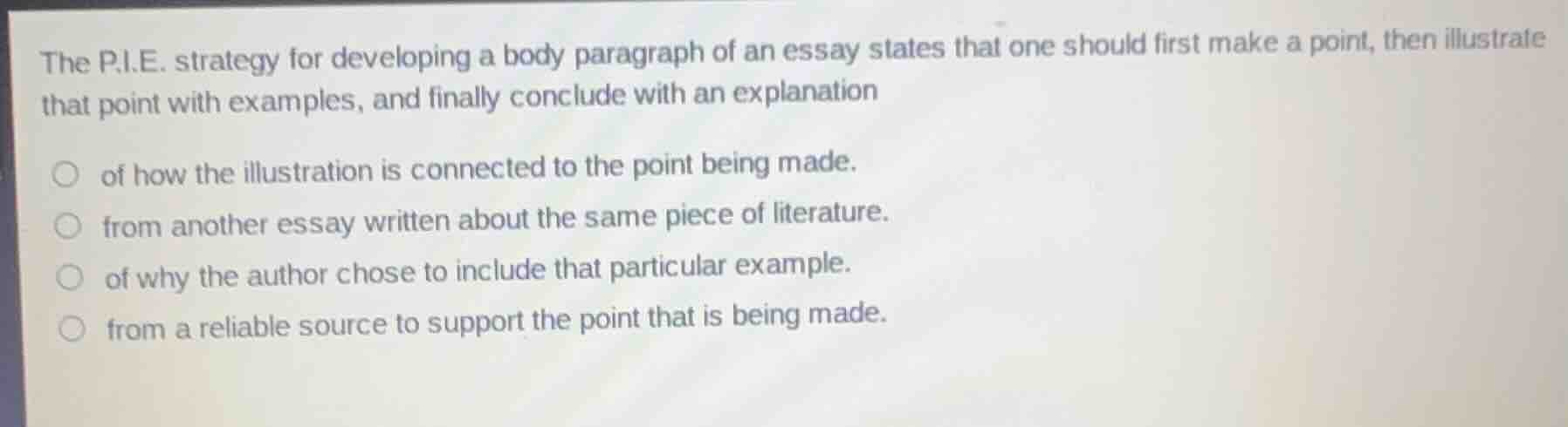 the p.i.e. strategy for developing a body paragraph of an essay states …