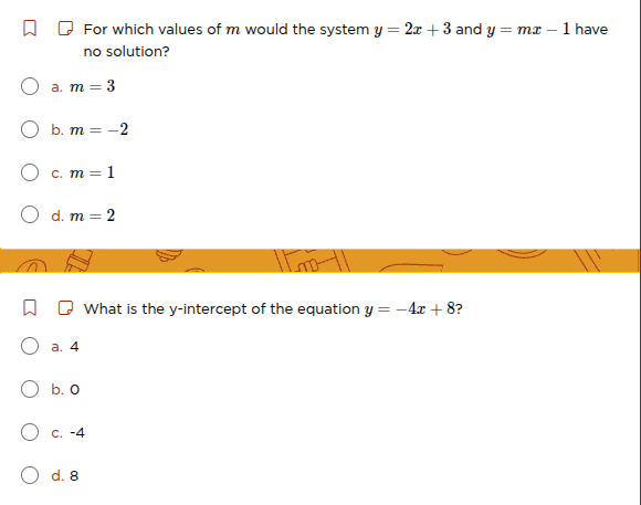 1. for which values of m would the system $y=2x+3$ and $y=mx-1$ have no…