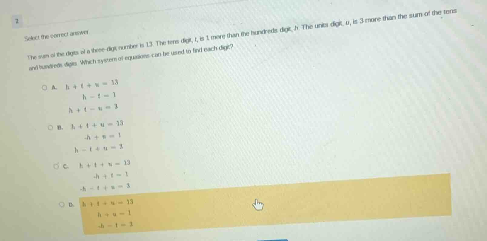 2 select the correct answer the sum of the digits of a three-digit numb…
