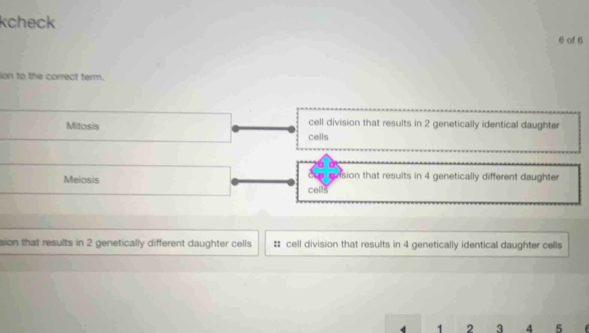 kcheck 6 of 6 ion to the correct term. mitosis cell division that resul…