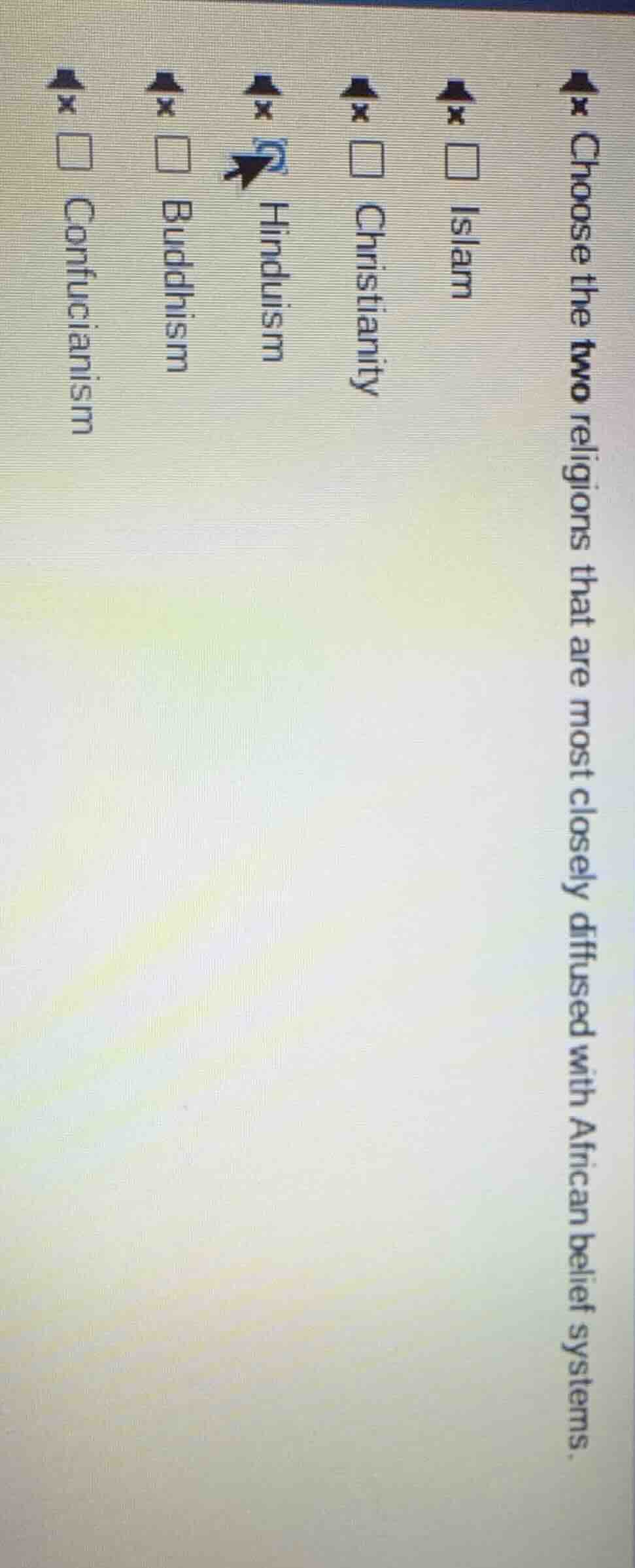 choose the two religions that are most closely diffused with african be…