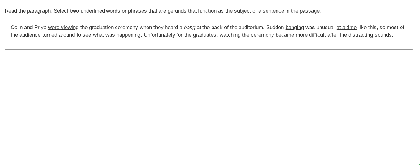 read the paragraph. select two underlined words or phrases that are ger…