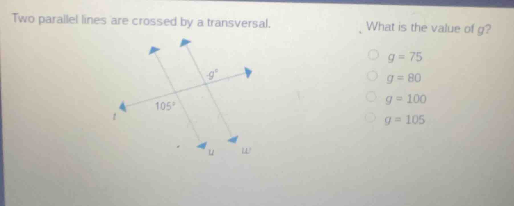 two parallel lines are crossed by a transversal. what is the value of g…