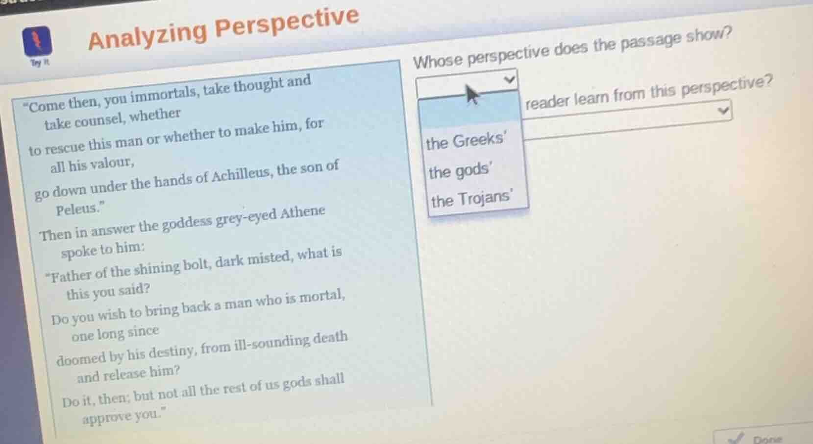 analyzing perspective \come then, you immortals, take thought and take …