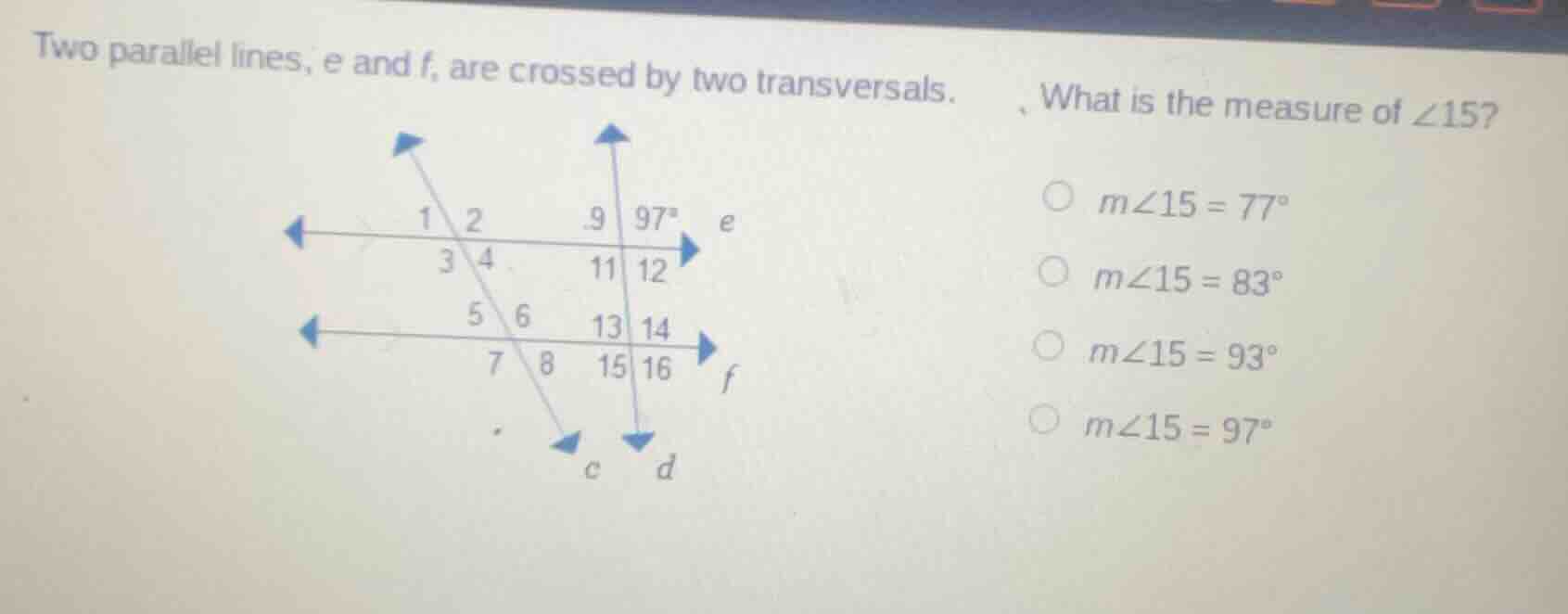 two parallel lines, e and f, are crossed by two transversals. what is t…
