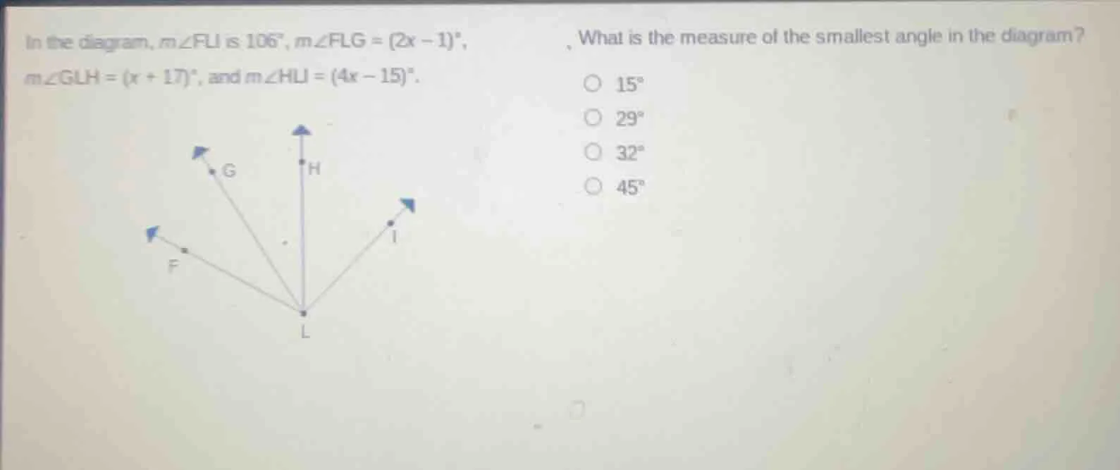 in the diagram, $m\\angle fli$ is $106^\\circ$, $m\\angle flg = (2x - 1…