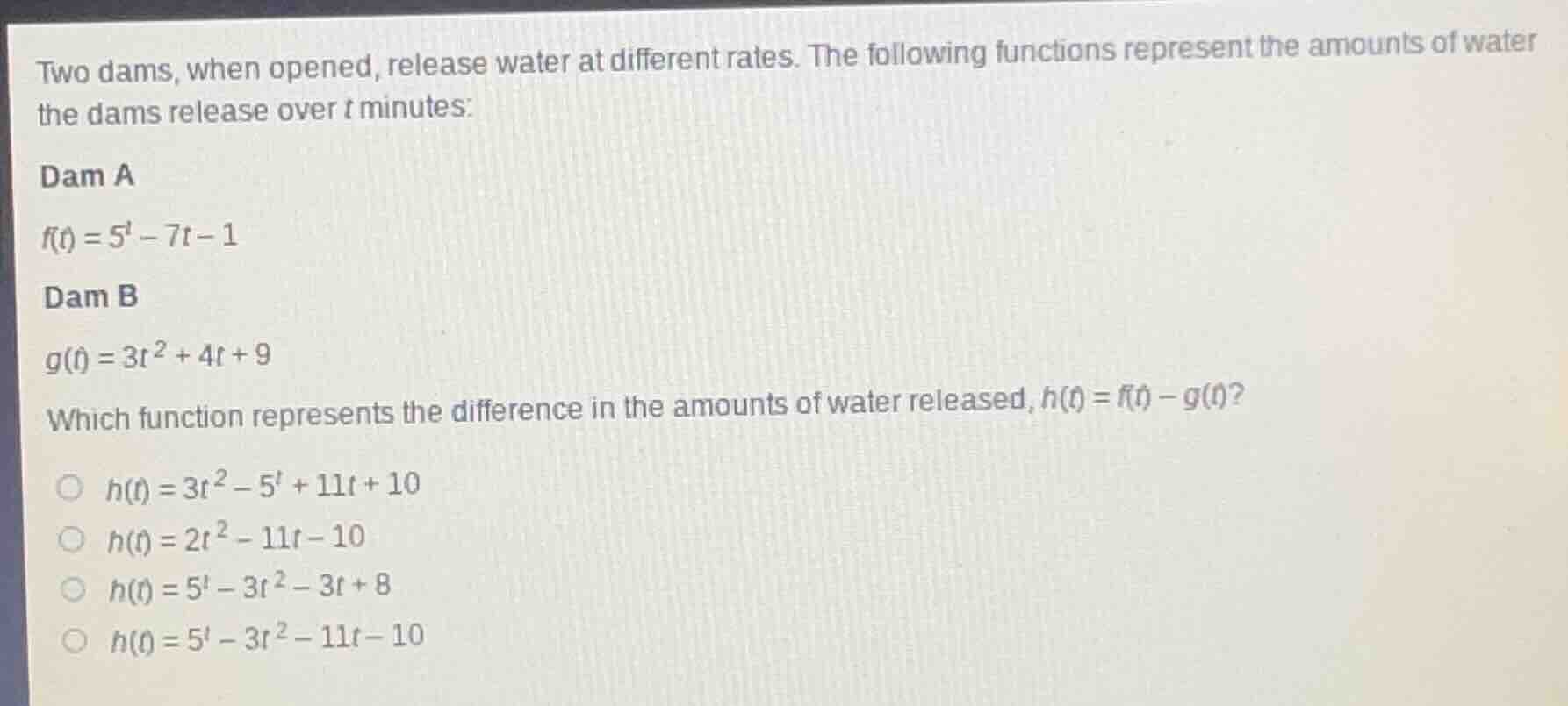two dams, when opened, release water at different rates. the following …