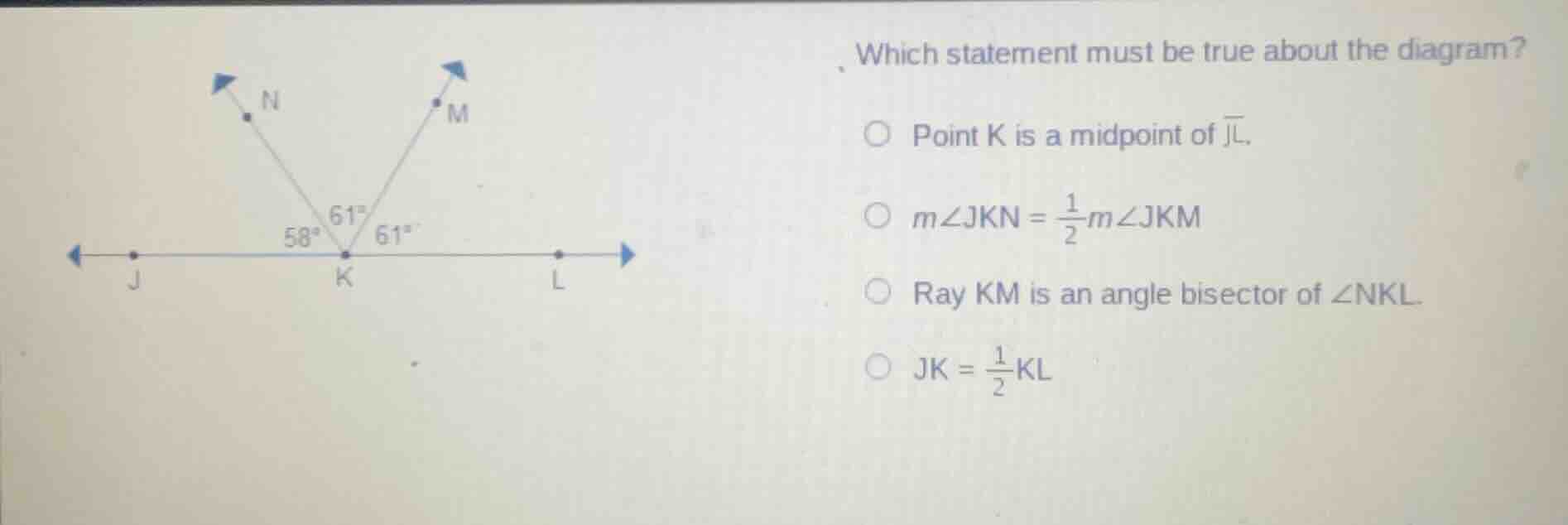 which statement must be true about the diagram?○ point k is a midpoint …