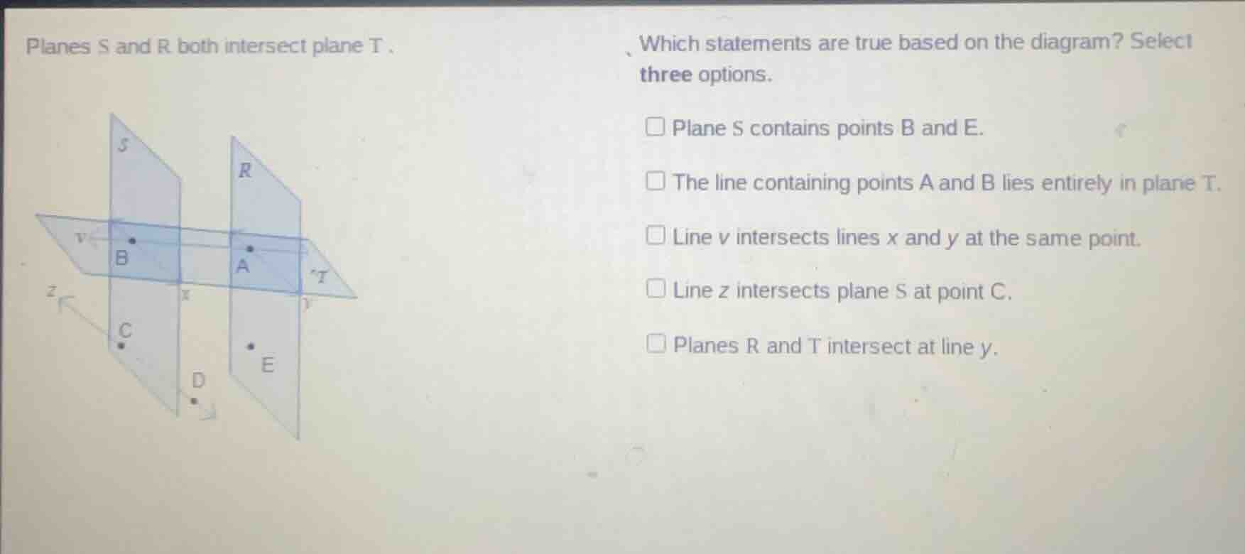 planes s and r both intersect plane t. which statements are true based …