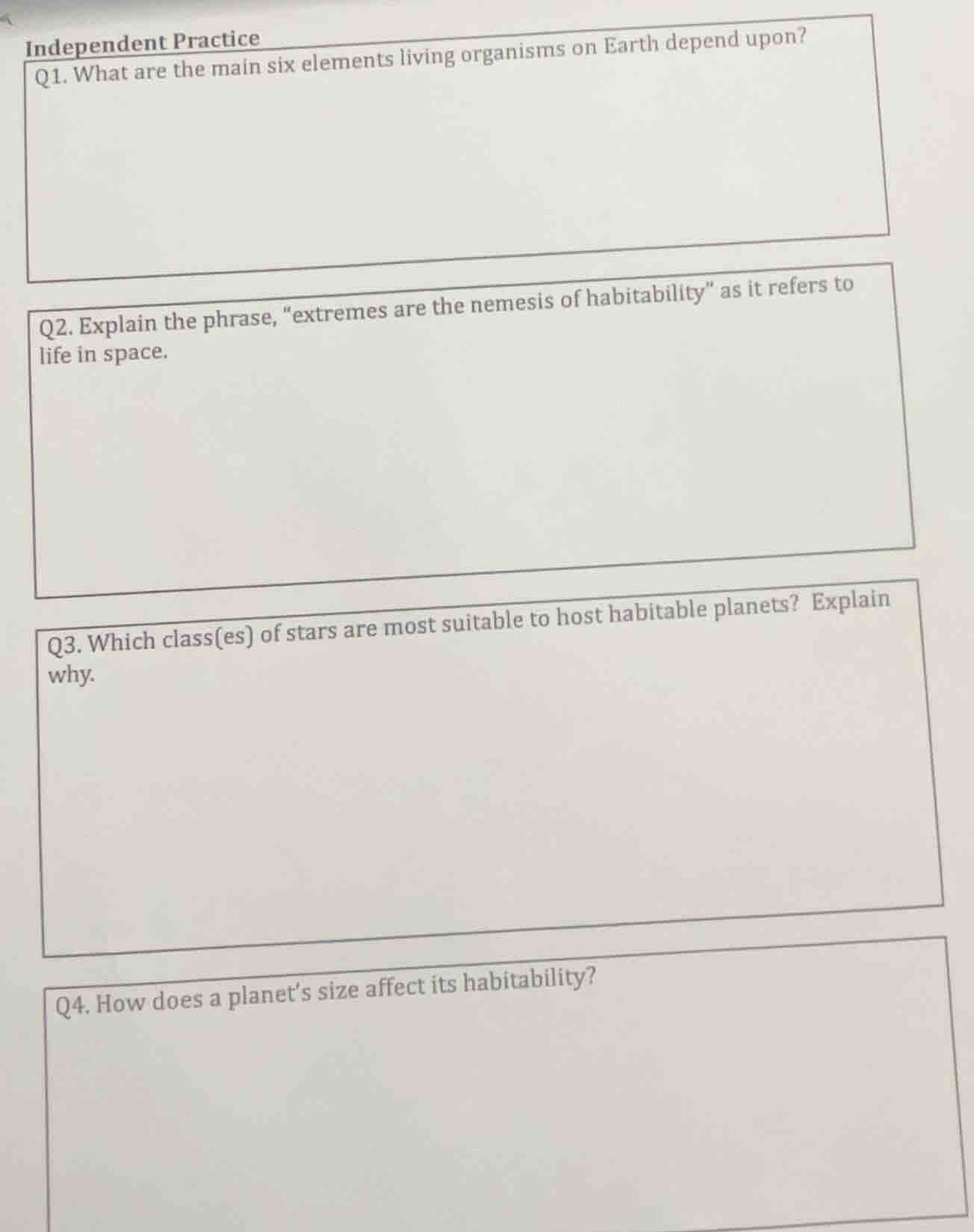 independent practice q1. what are the main six elements living organism…