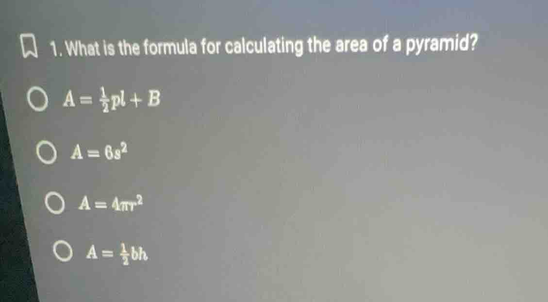 1. what is the formula for calculating the area of a pyramid? $a = \\fr…