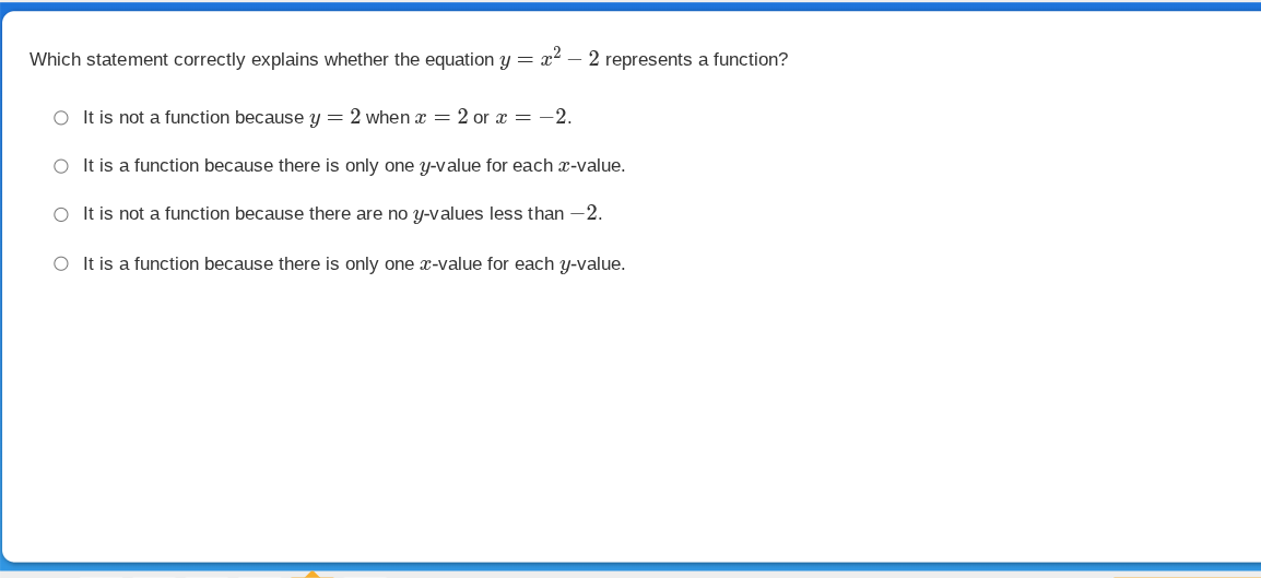 which statement correctly explains whether the equation $y = x^2 - 2$ r…