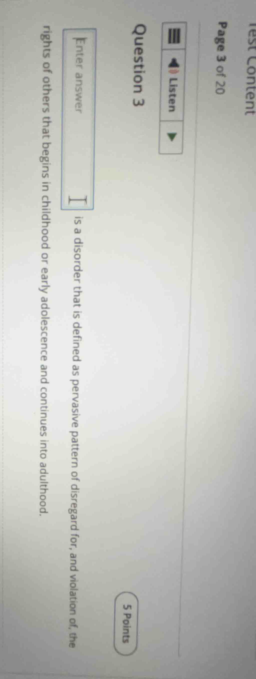 test content page 3 of 20 question 3 5 points enter answer is a disorde…