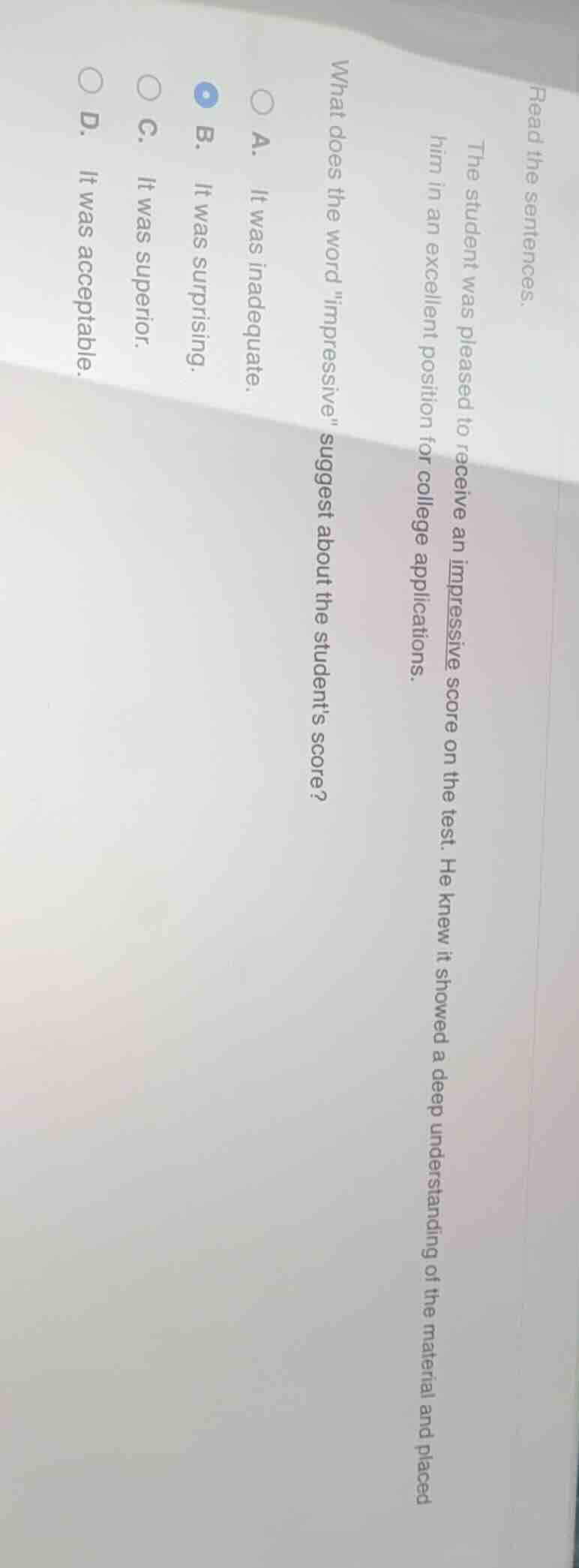 read the sentences. the student was pleased to receive an impressive sc…