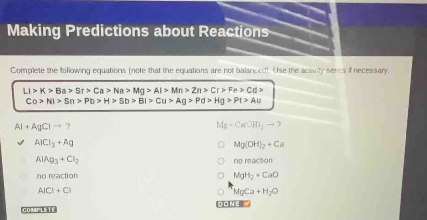 making predictions about reactions complete the following equations (no…