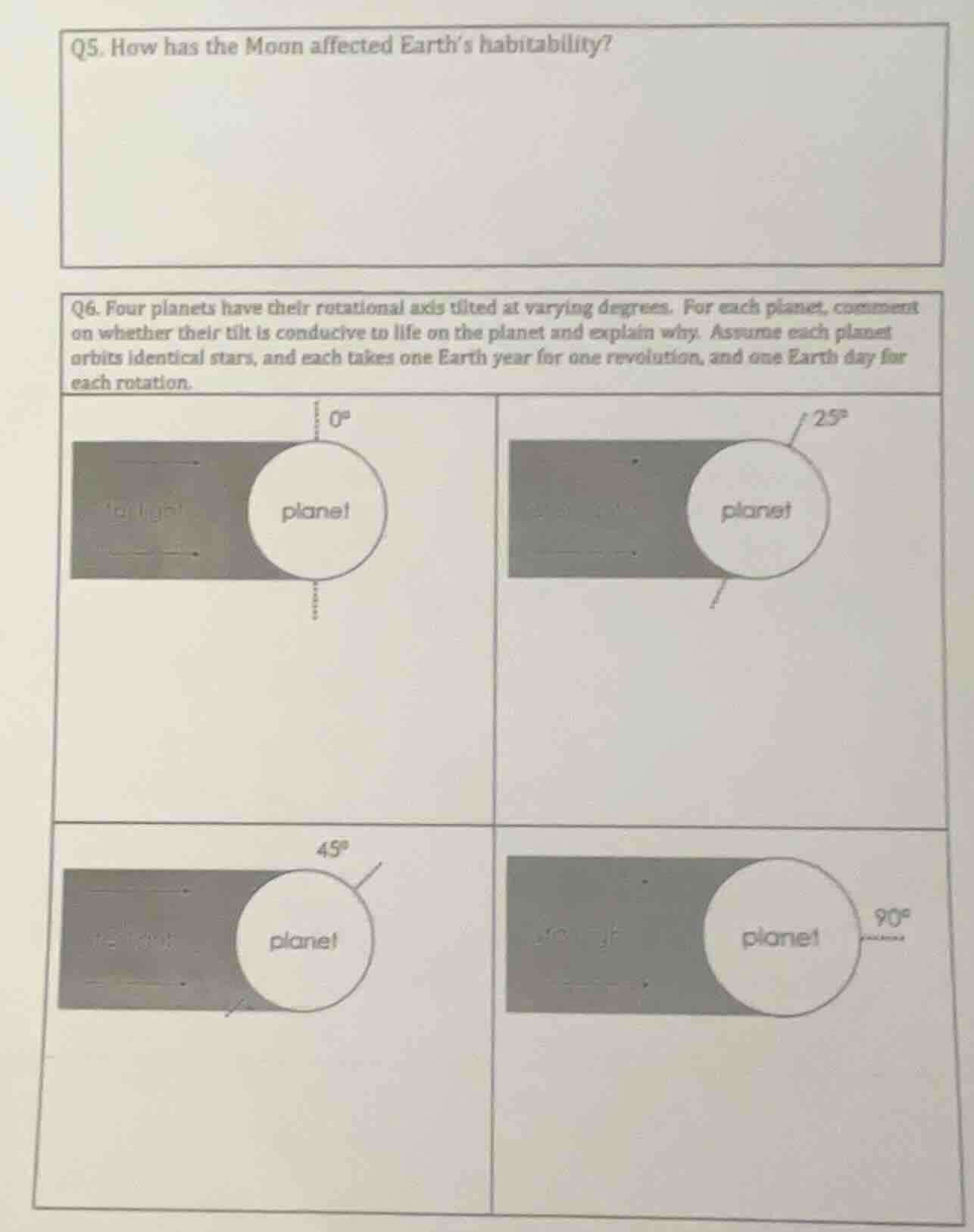 q5. how has the moon affected earths habitability? q6. four planets hav…