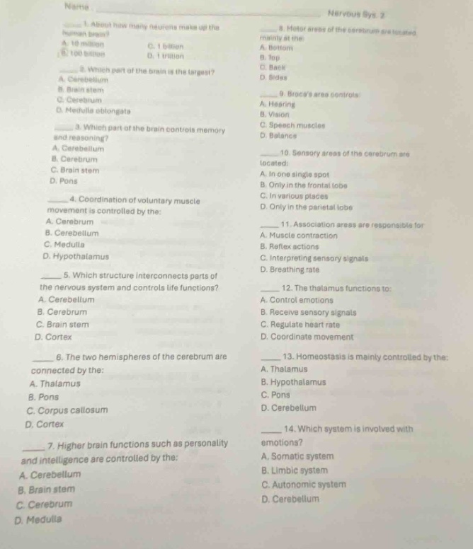 name nervous sys. 2 1. about how many neurons make up the human brain? …