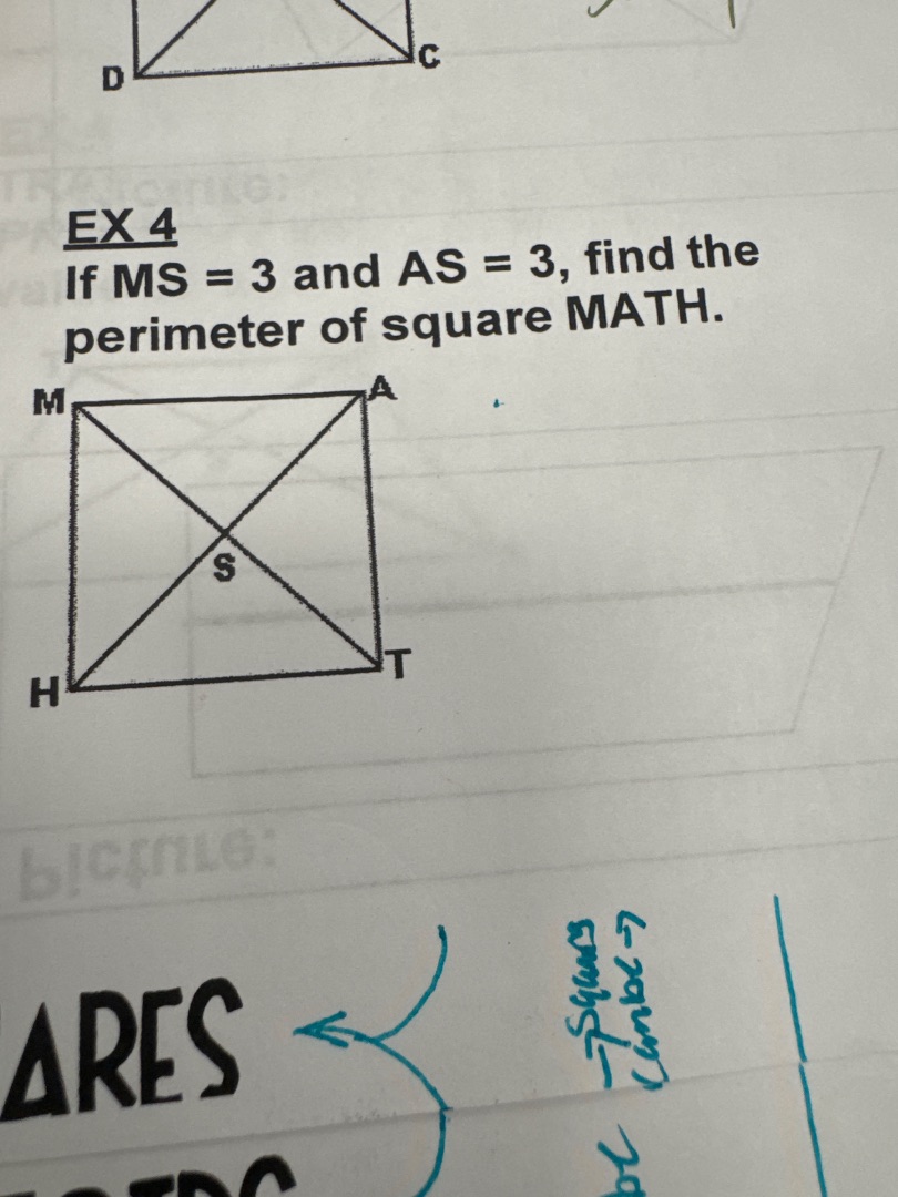 ex 4 if $ms = 3$ and $as = 3$, find the perimeter of square math.