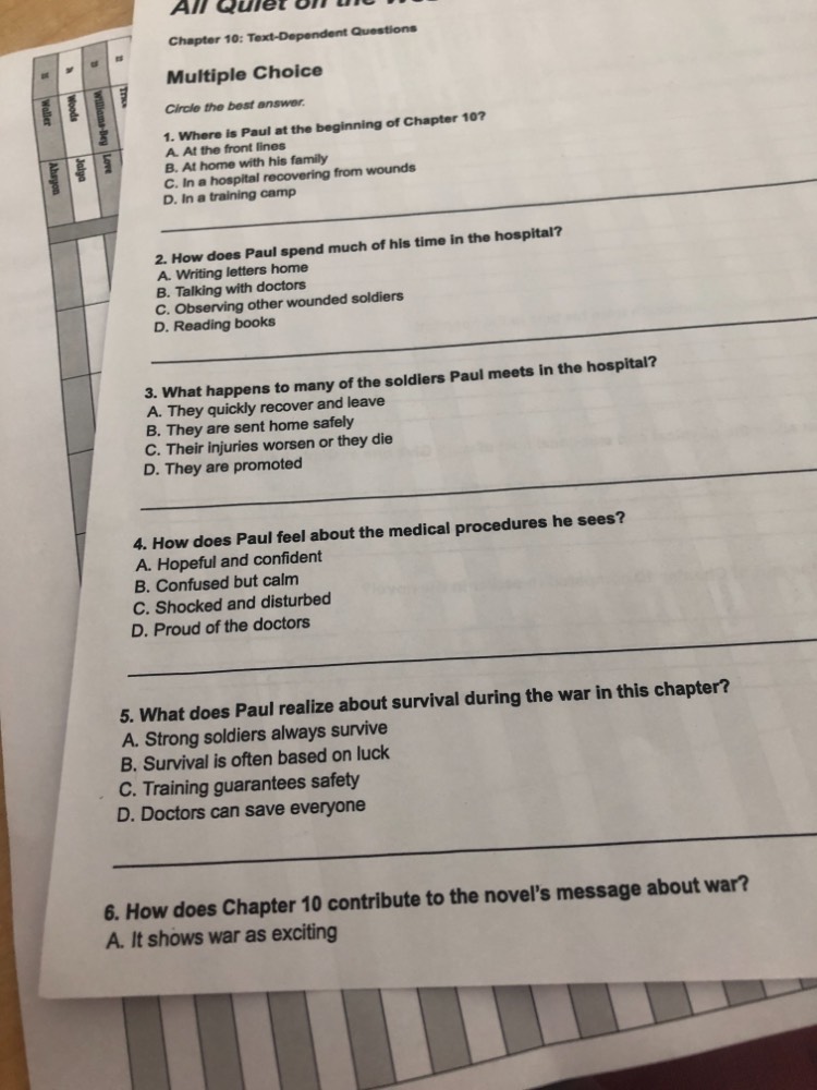 all quiet on the wechapter 10: text-dependent questionsmultiple choicec…