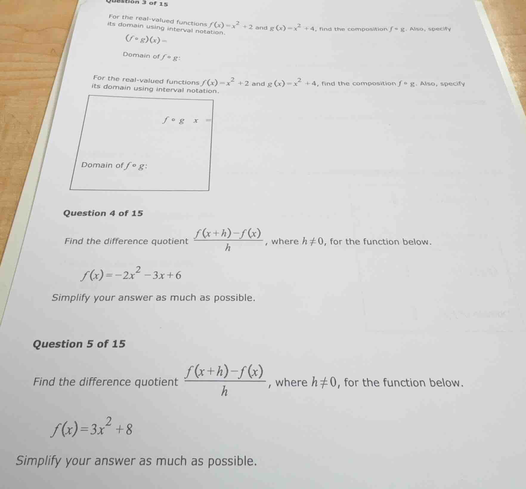 question 3 of 15 for the real-valued functions $f(x)=x^{2}+2$ and $g(x)…