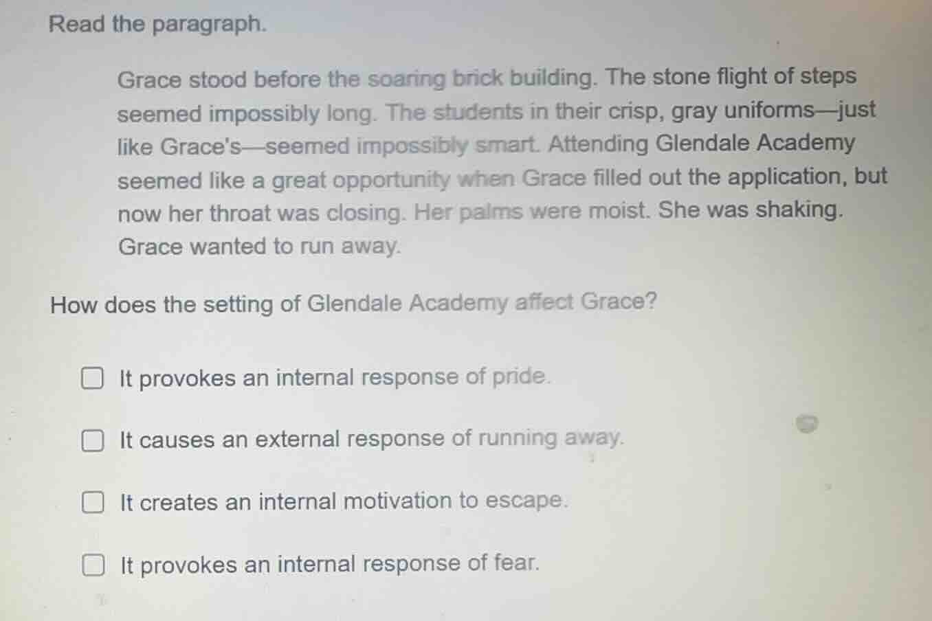 read the paragraph. grace stood before the soaring brick building. the …
