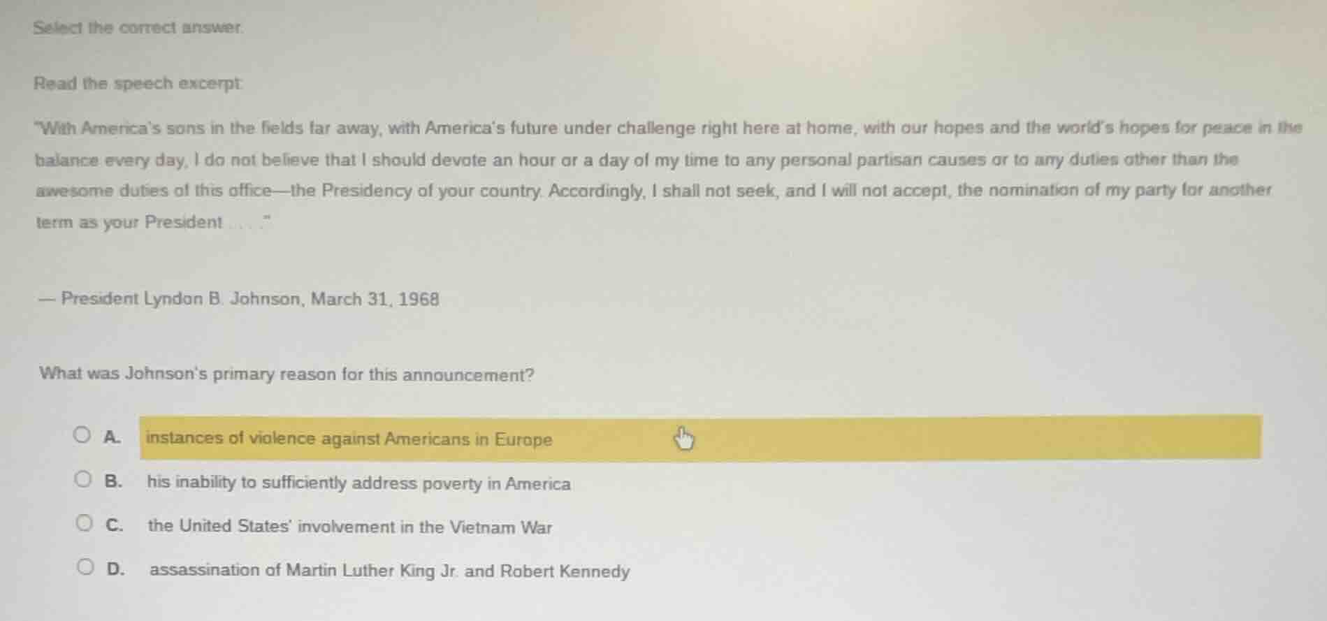 select the correct answer. read the speech excerpt: \with americas sons…