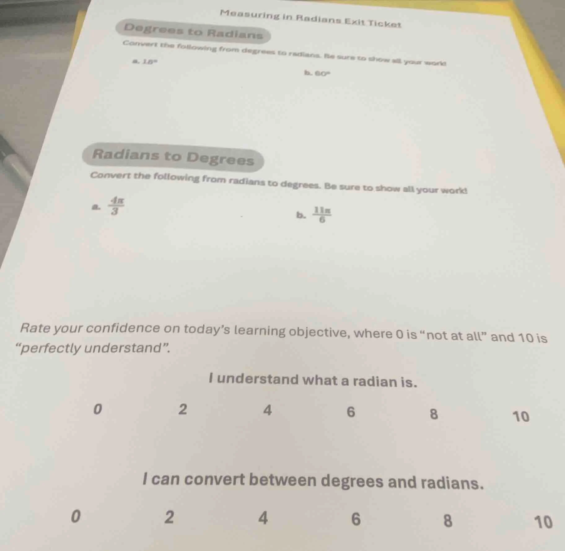 measuring in radians exit ticket degrees to radians convert the followi…