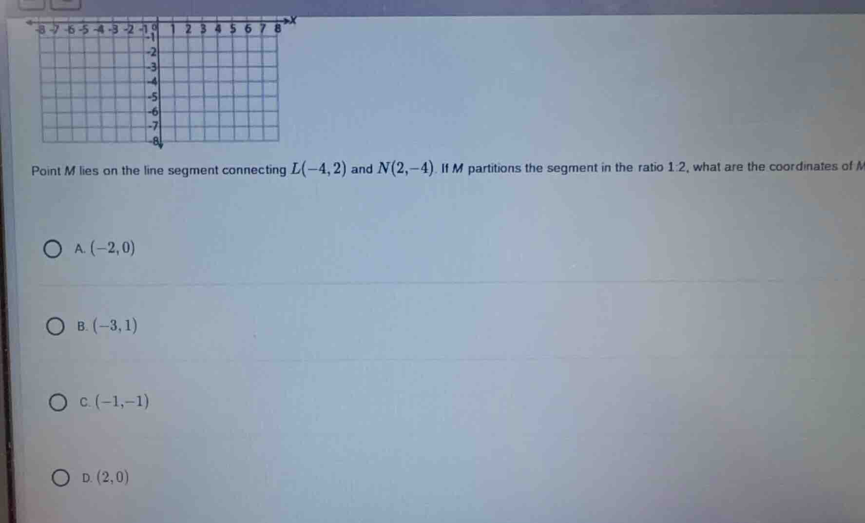 point m lies on the line segment connecting $l(-4,2)$ and $n(2,-4)$. if…