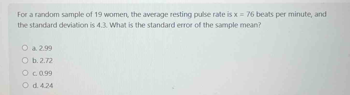 for a random sample of 19 women, the average resting pulse rate is $\\b…
