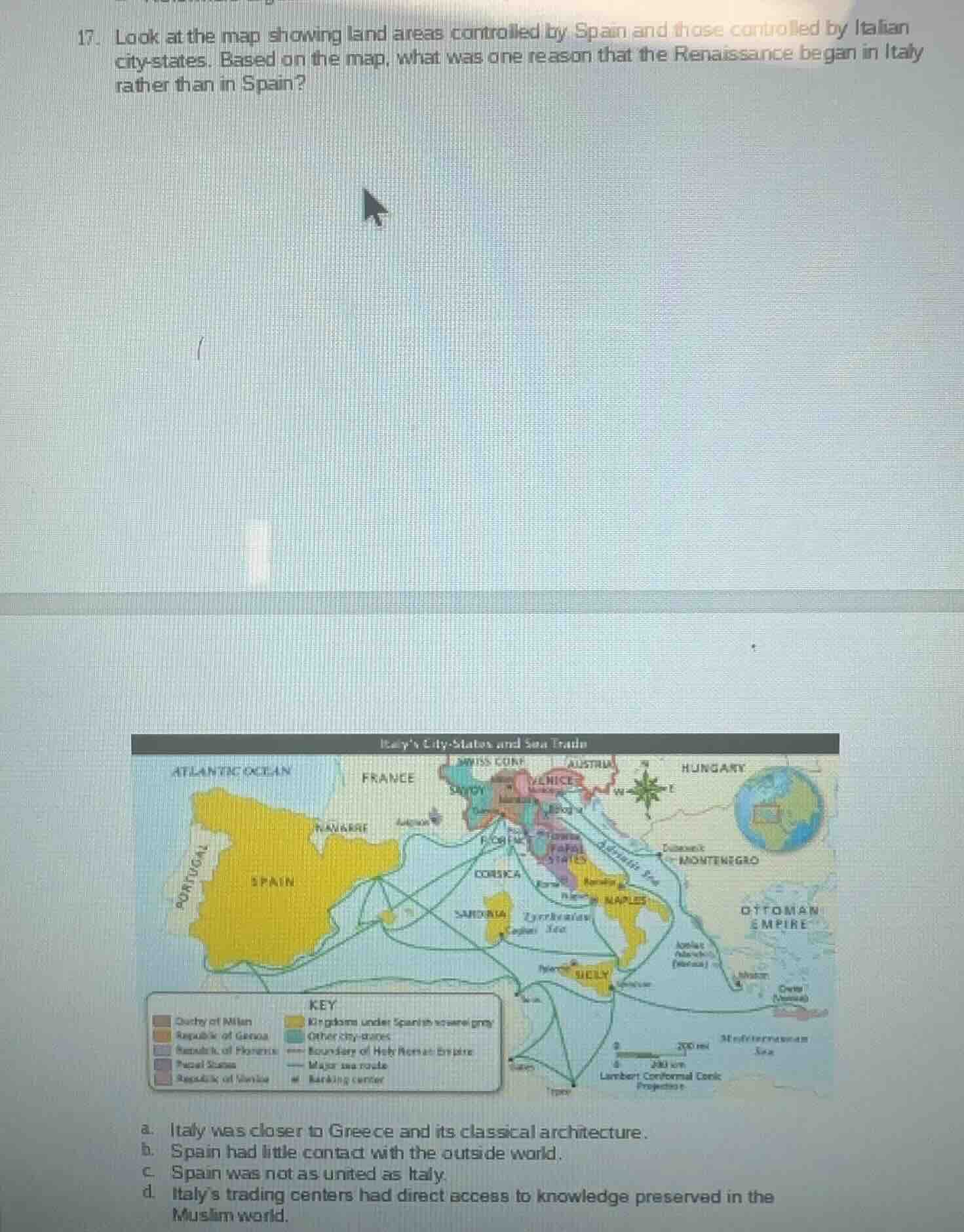 17. look at the map showing land areas controlled by spain and those co…