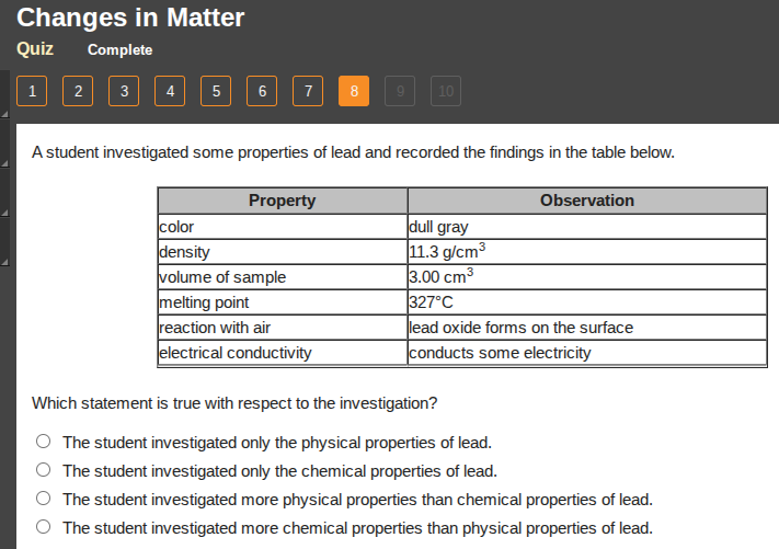 changes in matter quiz complete 1 2 3 4 5 6 7 8 9 10 a student investig…