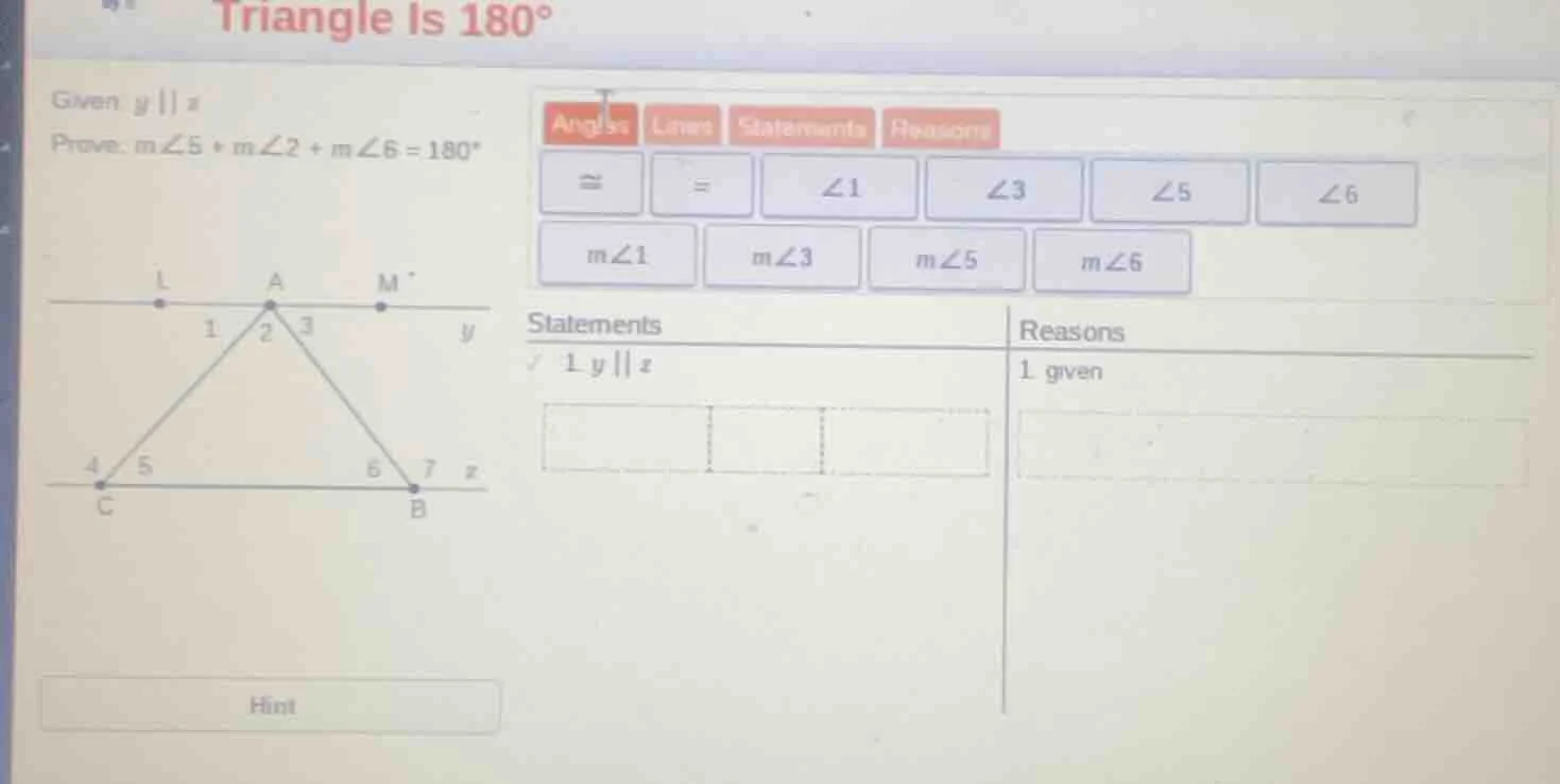 triangle is 180° given: $y \\parallel z$ prove: $m\\angle5 + m\\angle2 …