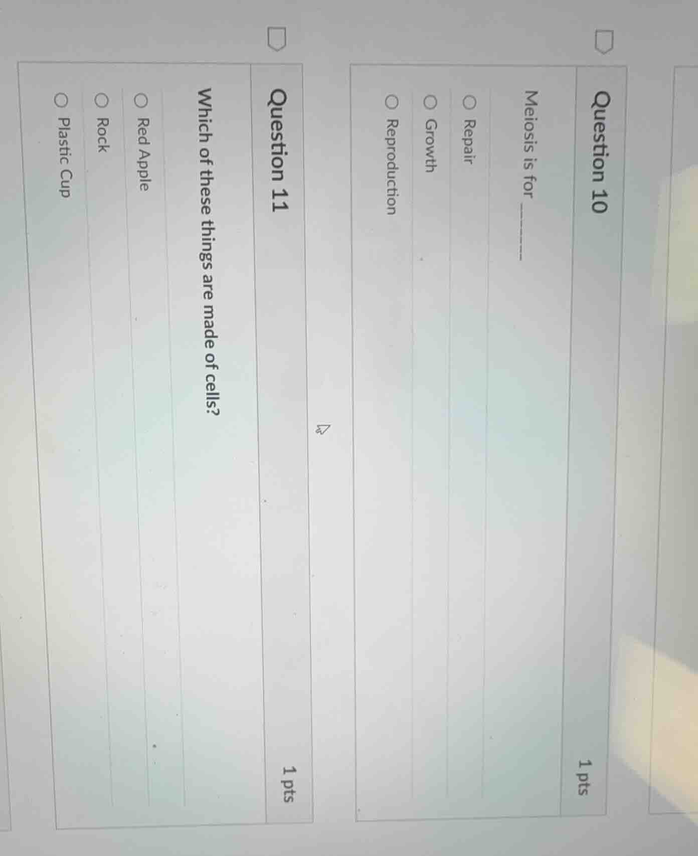 question 101 ptsmeiosis is for _______○ repair○ growth○ reproductionque…