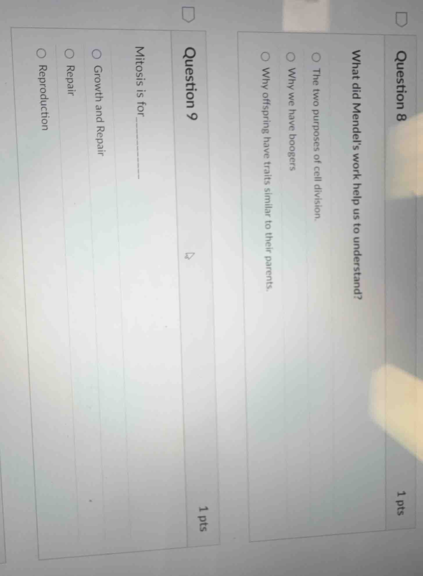 question 8 1 pts what did mendels work help us to understand? ○ the two…