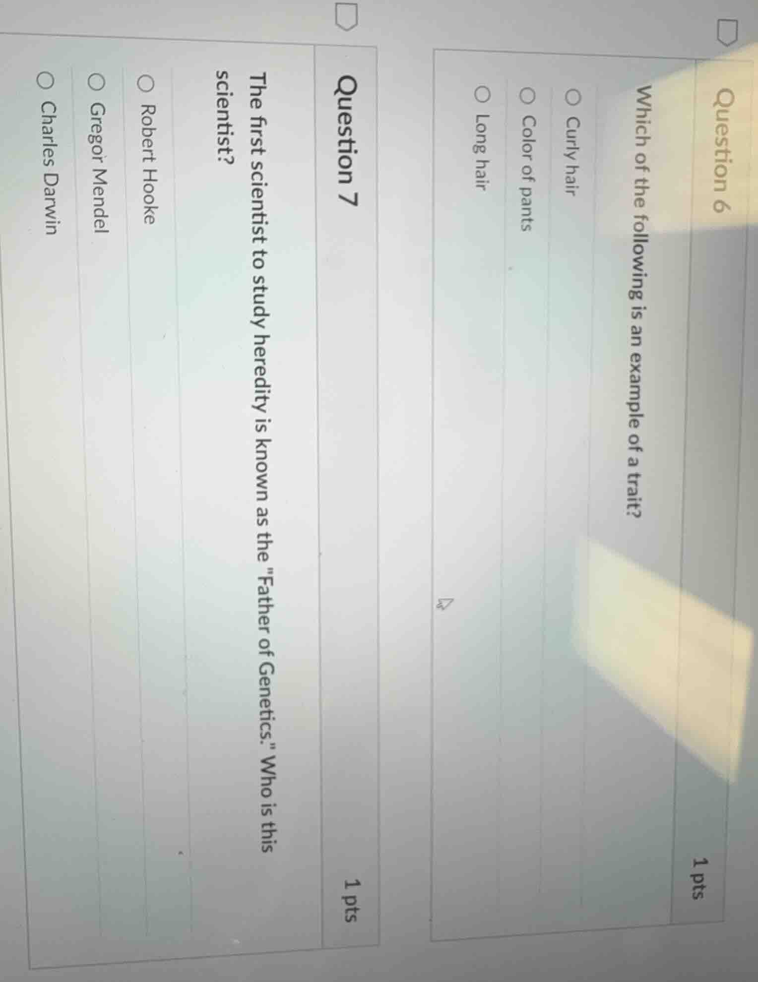question 61 ptswhich of the following is an example of a trait?○ curly …