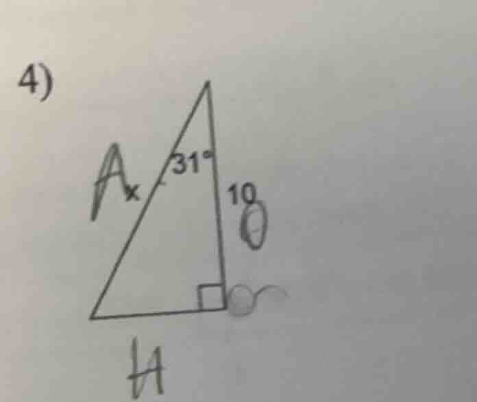 4) in a right triangle, one acute angle is 31°, the length of the adjac…