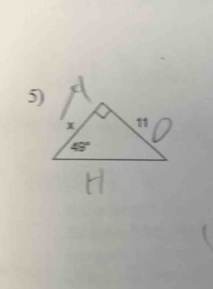5) in a right triangle, one acute angle is 49°, the length of one leg i…