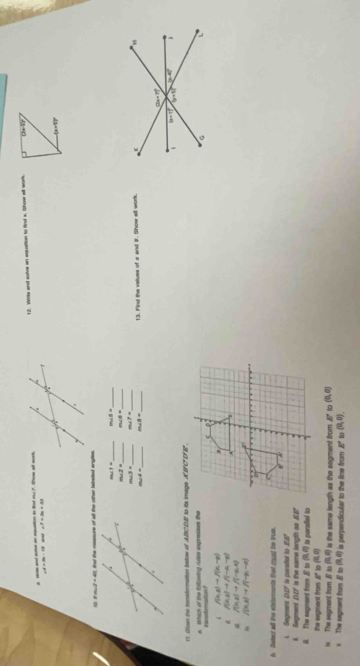 9. write and solve an equation to find $m\\angle7$. show all work.$\\an…