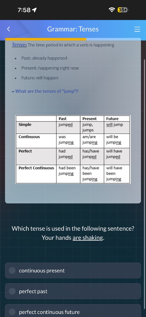 grammar: tensestense: the time period in which a verb is happening- pas…