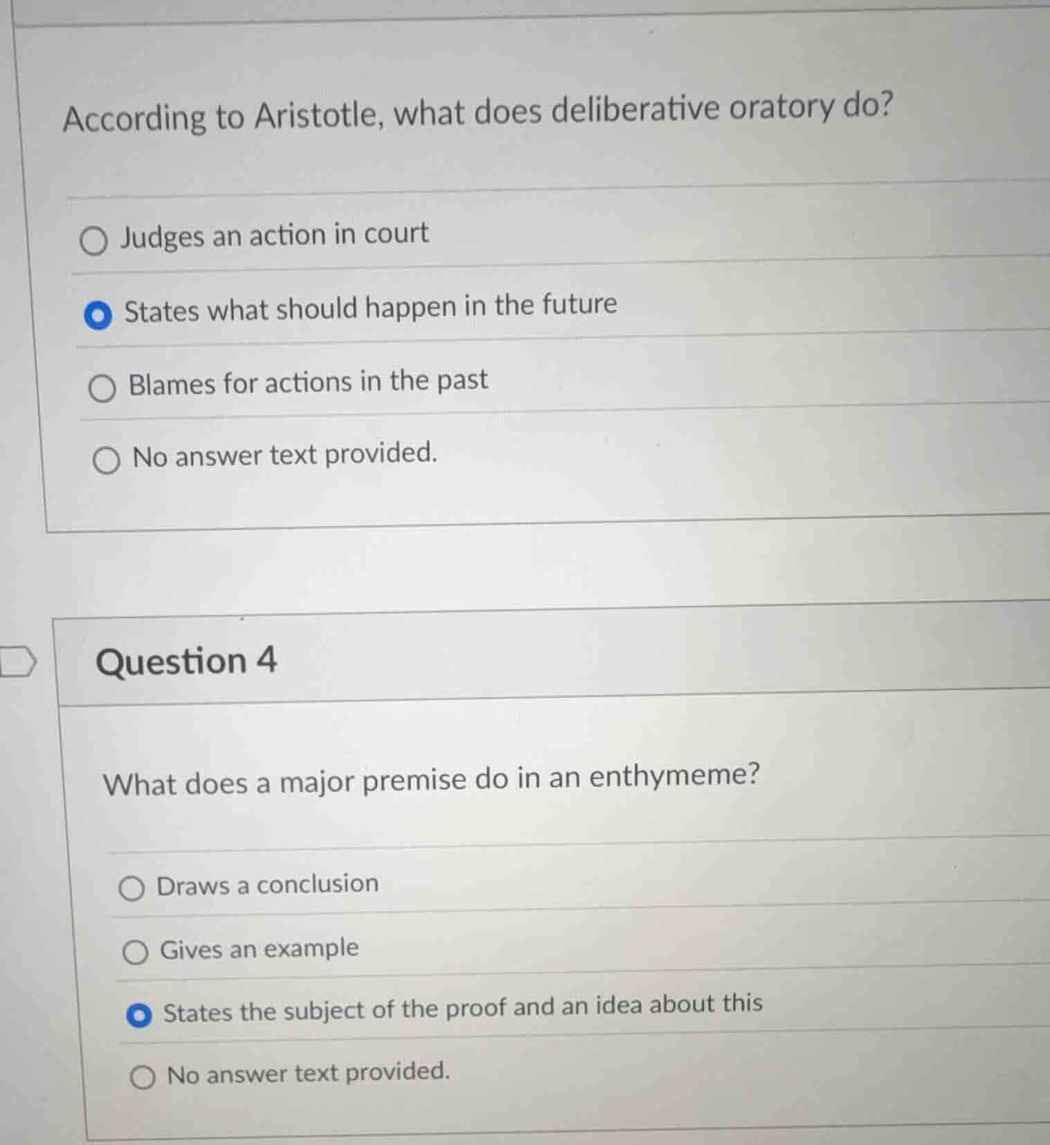 according to aristotle, what does deliberative oratory do? ○ judges an …