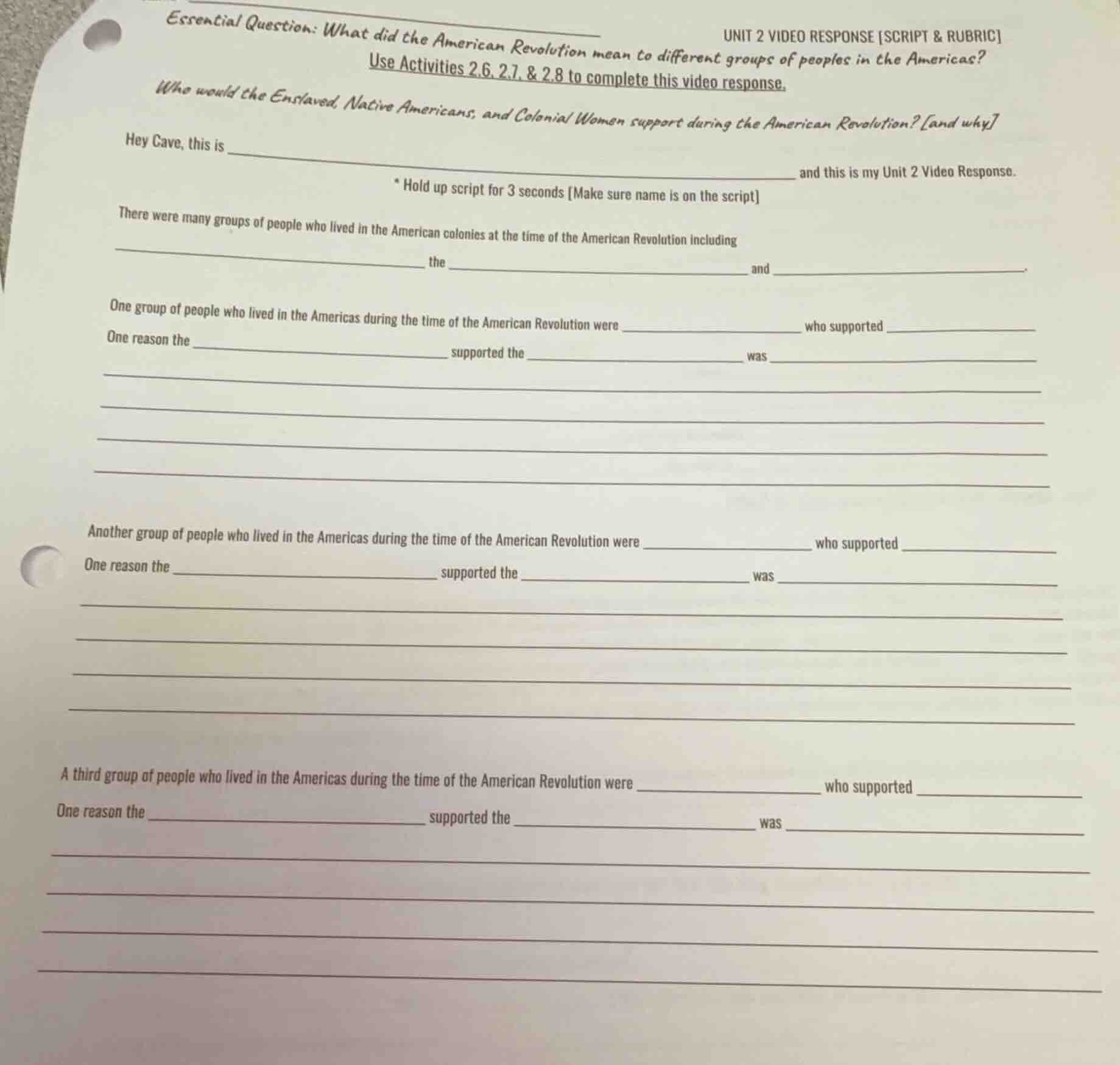 unit 2 video response script & rubricessential question: what did the a…