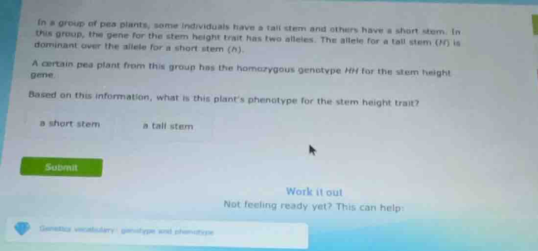 in a group of pea plants, some individuals have a tall stem and others …