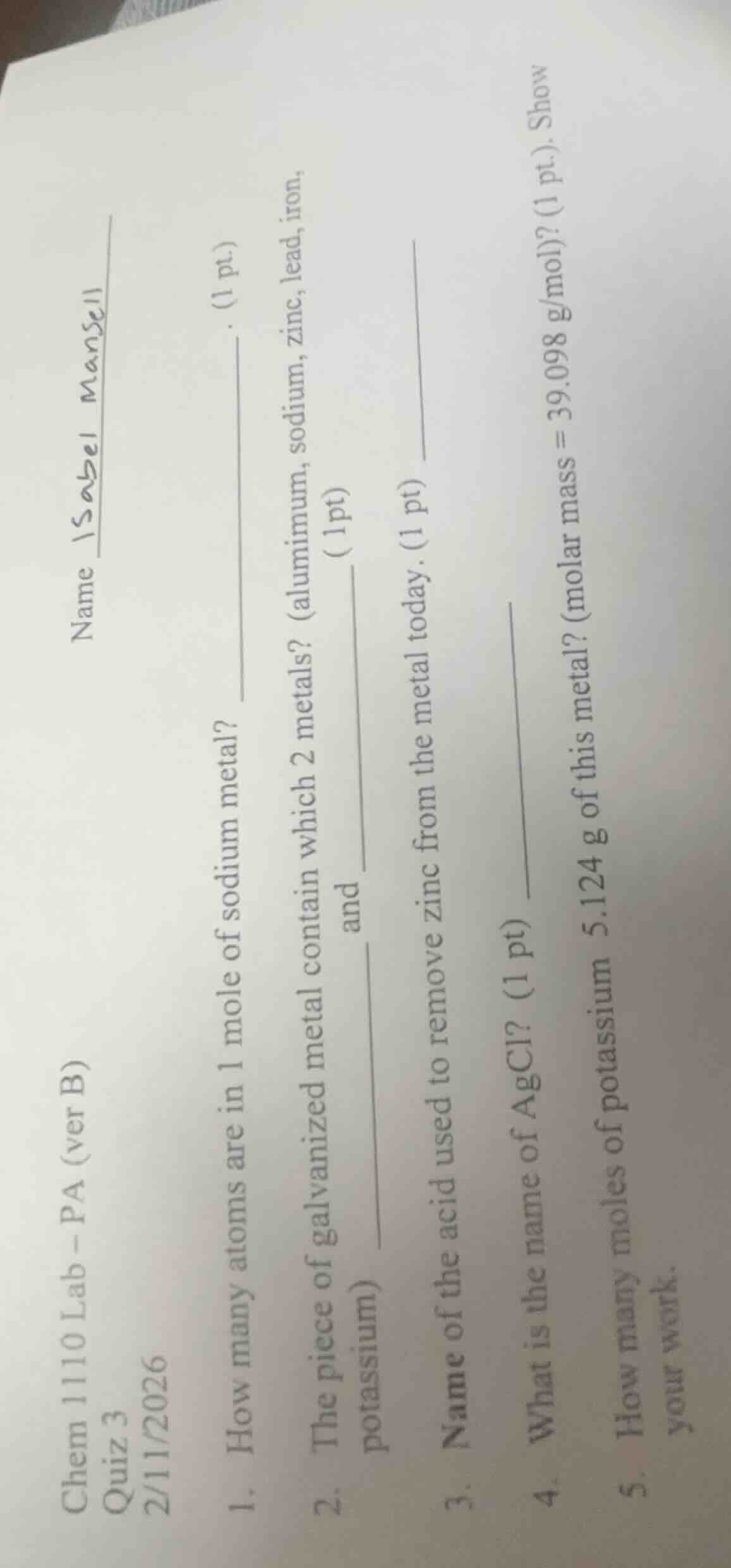chem 1110 lab - pa (ver b)quiz 32/11/2026name isabel mansell1. how many…