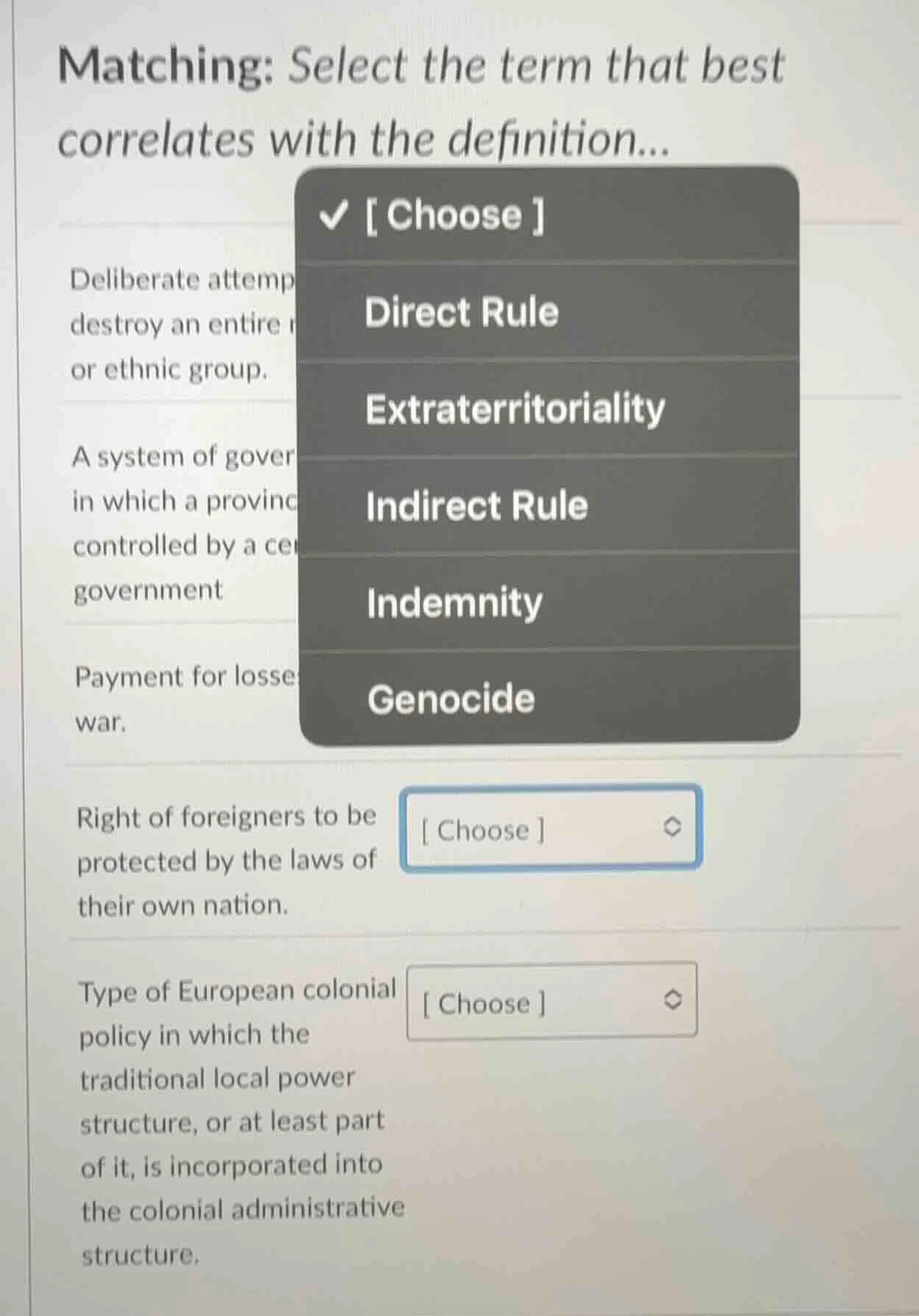 matching: select the term that best correlates with the definition...ch…
