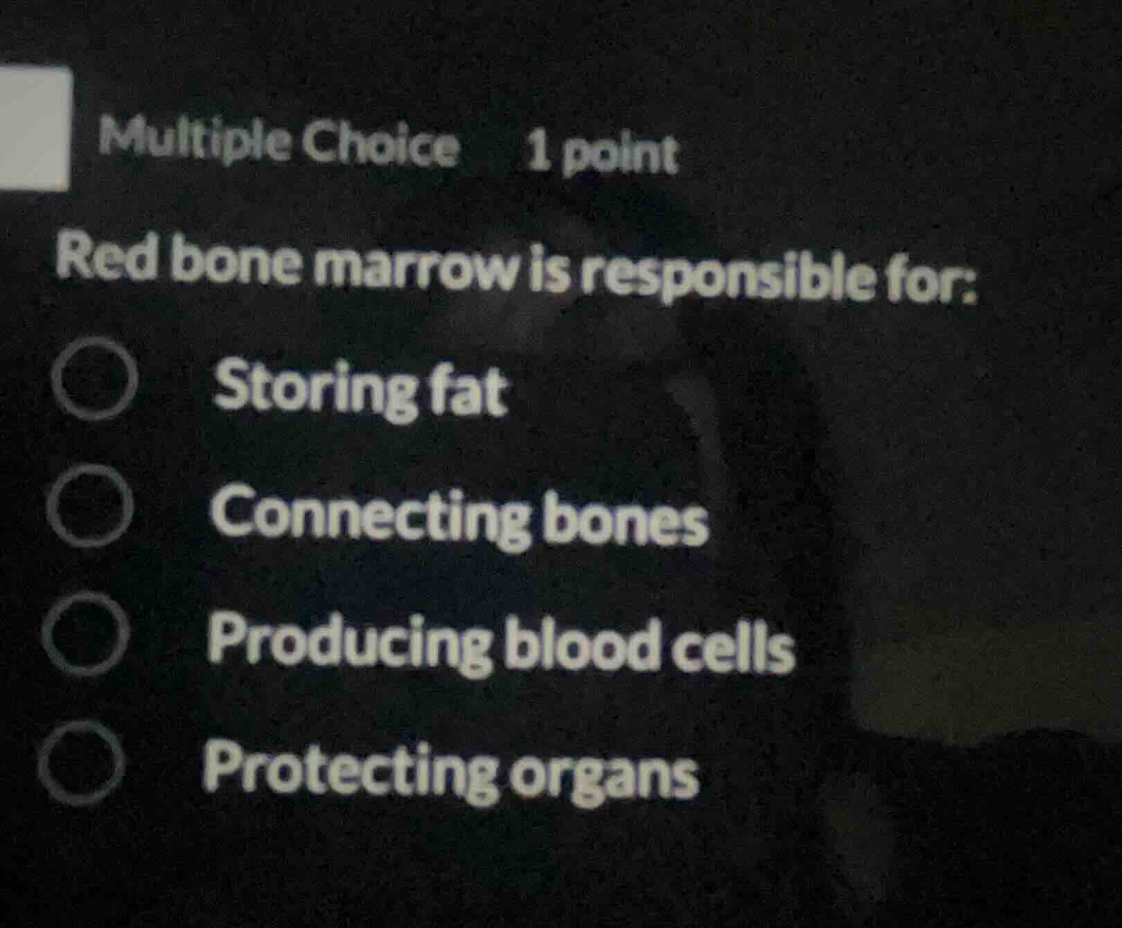 multiple choice 1 point red bone marrow is responsible for: storing fat…