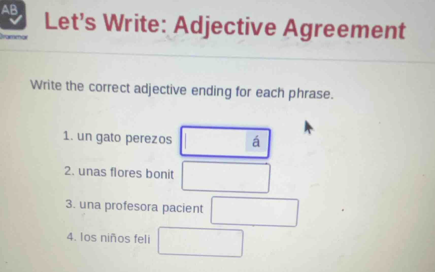 lets write: adjective agreement write the correct adjective ending for …