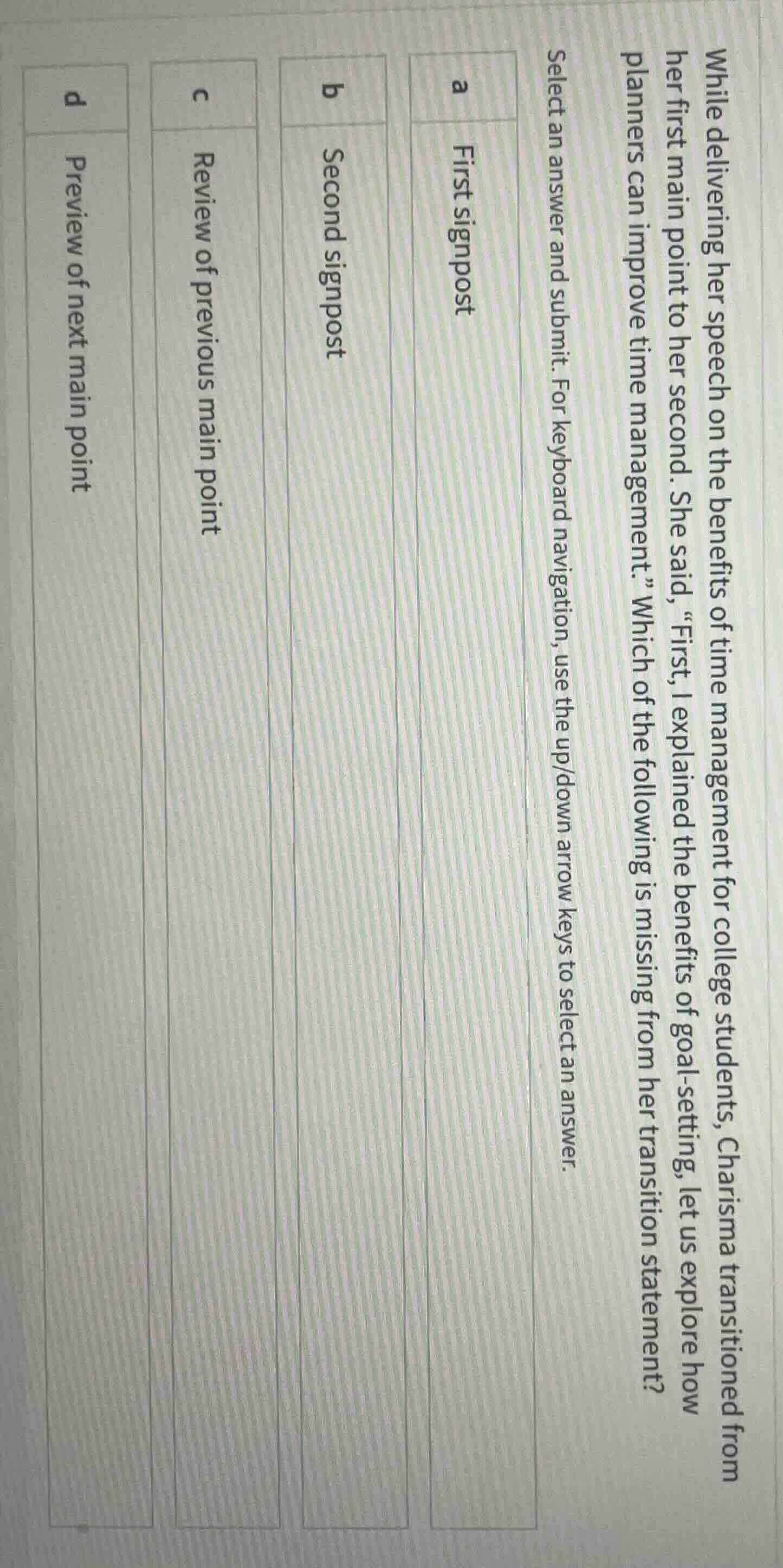 while delivering her speech on the benefits of time management for coll…