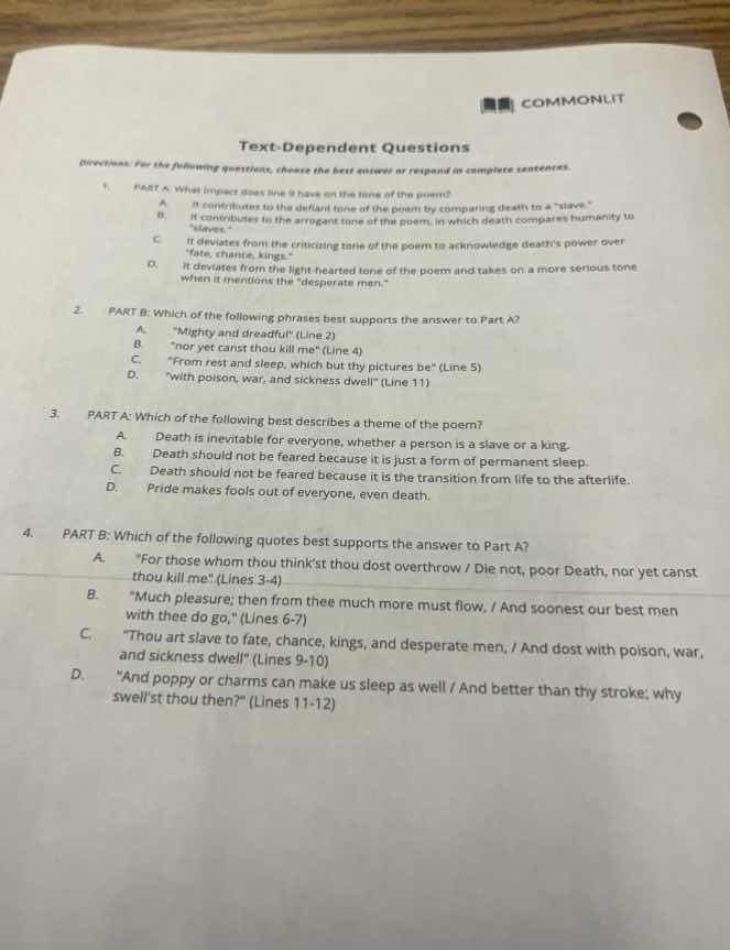 commonlit text-dependent questions directions: for the following questi…